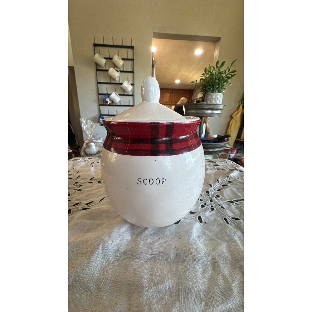 Rae Dunn SCOOP sugar jar red plaid ceramic 2016
